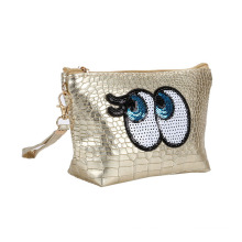 Funny Girls Fashion Cosmetic Bag Eyes Sequin Embroidery Patch Textured PU Lipstick Zipper Pouch Bag